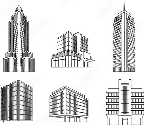 Modern commercial and corporate building illustration set featuring skyscrapers, office towers, urban architecture designs, detailed business property drawings for construction, real estate, 