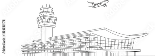 Modern international airport terminal building with control tower and flying airplane, contemporary aviation architecture illustration for travel infrastructure design, transportation hub concept art