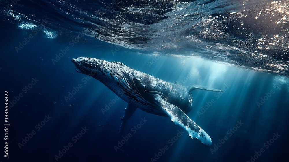 Fototapeta premium Majestic humpback whale swimming gracefully underwater with beautiful sun rays illuminating the deep blue ocean, captured with cinematic lighting and stunning clarity.