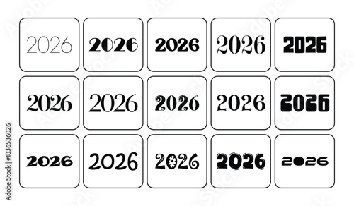 Collection of fifteen different typographic styles for the year 2026 on a white background new year number