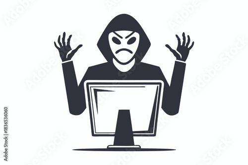 A hooded character with a mask types on a laptop in a simple silhouette
