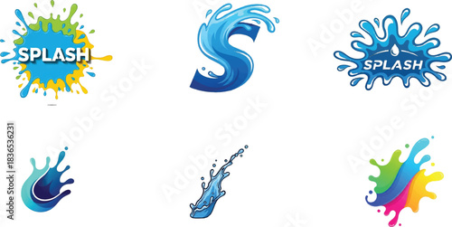 Six Water Splash Logos and Designs on White Background