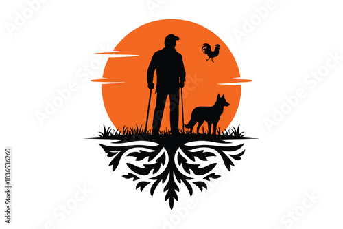 Silhouette of Man with Cane, Dog, and Rooster Against Sunset - Farm Life Illustration.