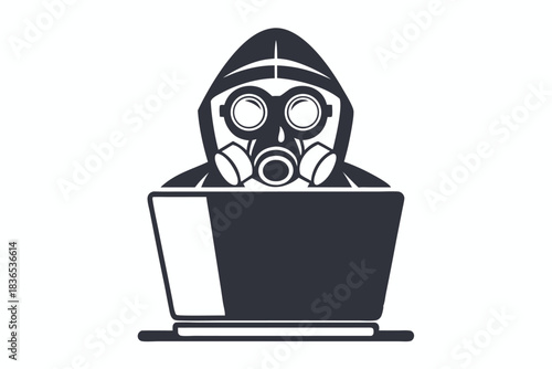 Hooded person with a gas mask uses a laptop on the white background