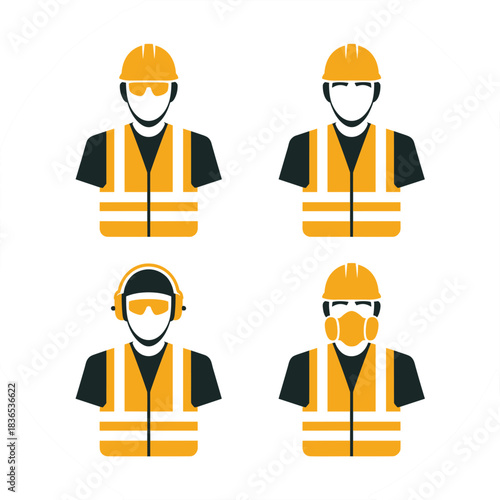 Four Icons of Construction Workers with Safety Gear Keywords: construction, worker, icon, safety, gear, hard hat, vest, goggles