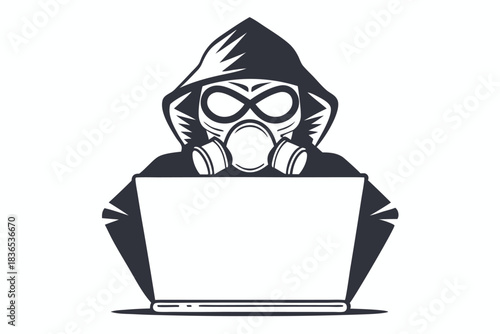 Person in hood and gas mask uses a laptop against white background