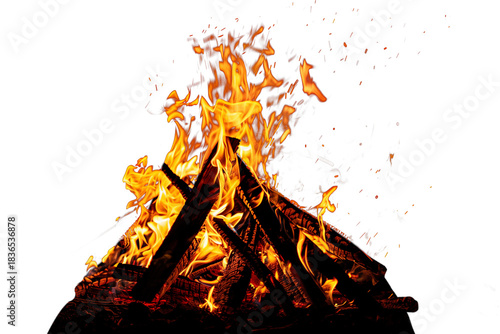 Vibrant bonfire with burning logs and glowing embers on transparent background for designs