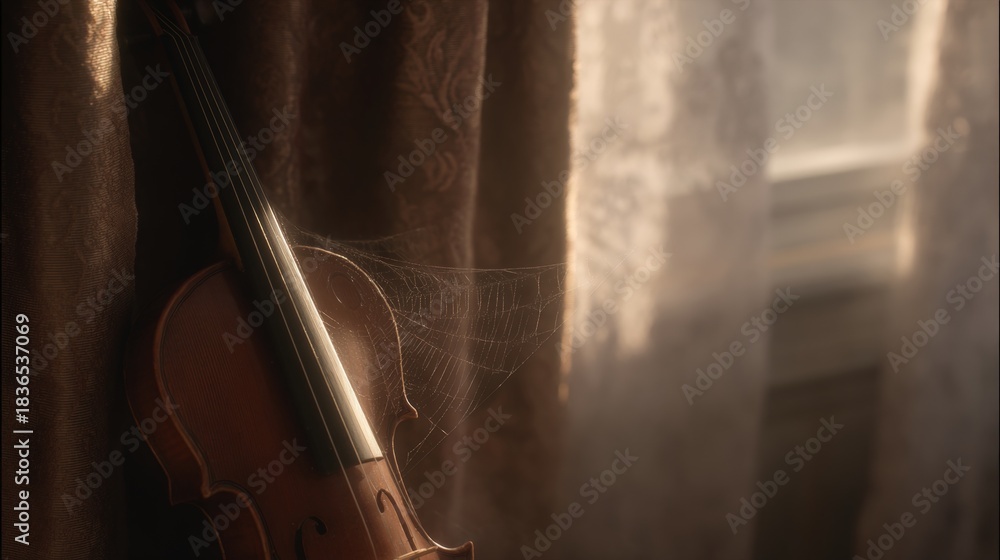 Naklejka premium Close-up of a violin leaning against a curtain. the violin is brown in color and has a curved bow. the background is blurred, but it appears to be a window with white curtains.