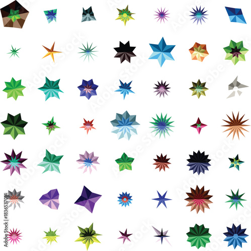 Collection of Geometric Starburst Shapes in Various Colors and Designs abstract