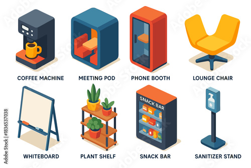 Collection of Isometric Office Furniture and Equipment Including Coffee Machine Meeting Booth Home Booth Lounge Chair Whiteboard Plant Shelf Snack Machine and Sanitizer Stand Set On Black Background