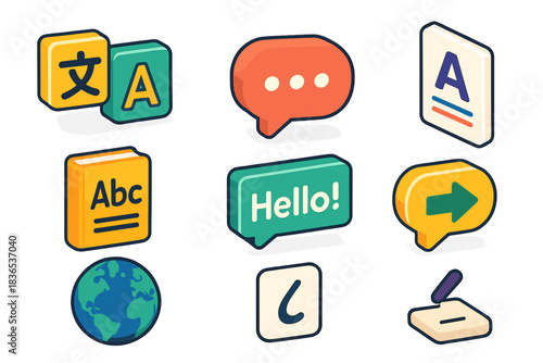 Collection of Isometric Icons Representing Language Translation Communication and Education Featuring Symbols of Books Speech Bubbles Earth Globe and Writing Tools on a Black Background