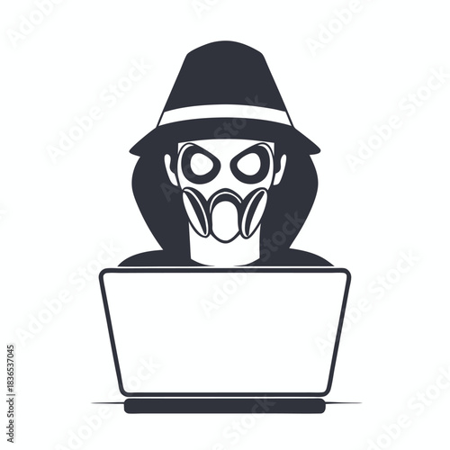 Person wearing a fedora and gas mask sits at a laptop computer