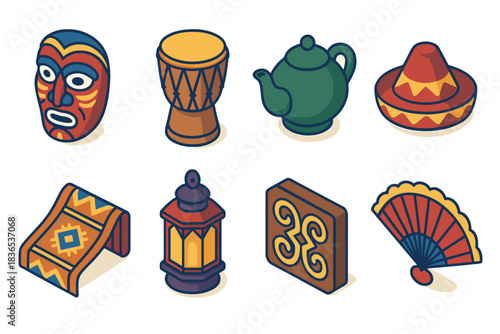 Collection of pixel art cultural icons including a mask a drum a teapot a sombrero a rug a lantern an adinkra symbol and a fan in isometric view