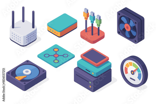 Isometric Collection of Computer Hardware Components and Networking Devices Including Router Hard Drive Computer Fan and Network Switch Against Black Background