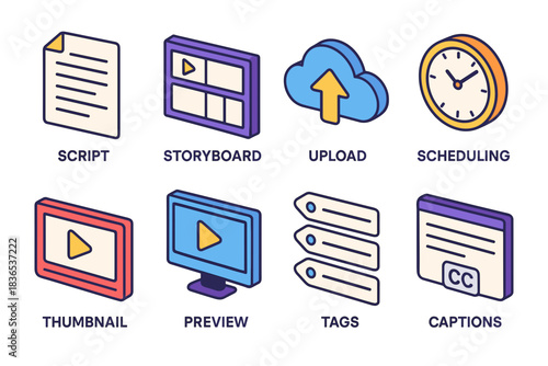 Isometric Digital Icons Representing Video Production Workflow Script Storyboard Upload Scheduling Thumbnail Preview Tags Captions on a Black Background