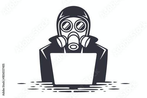 Silhouette of person wearing hood and gas mask is using a laptop