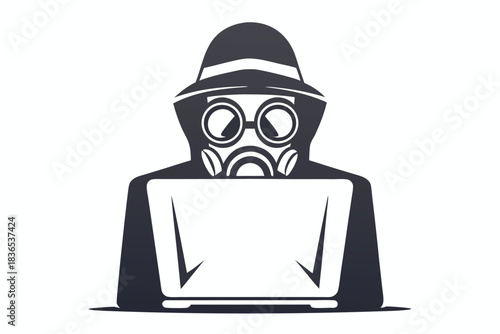 Hooded figure wearing gas mask uses laptop in shadowy grayscale style