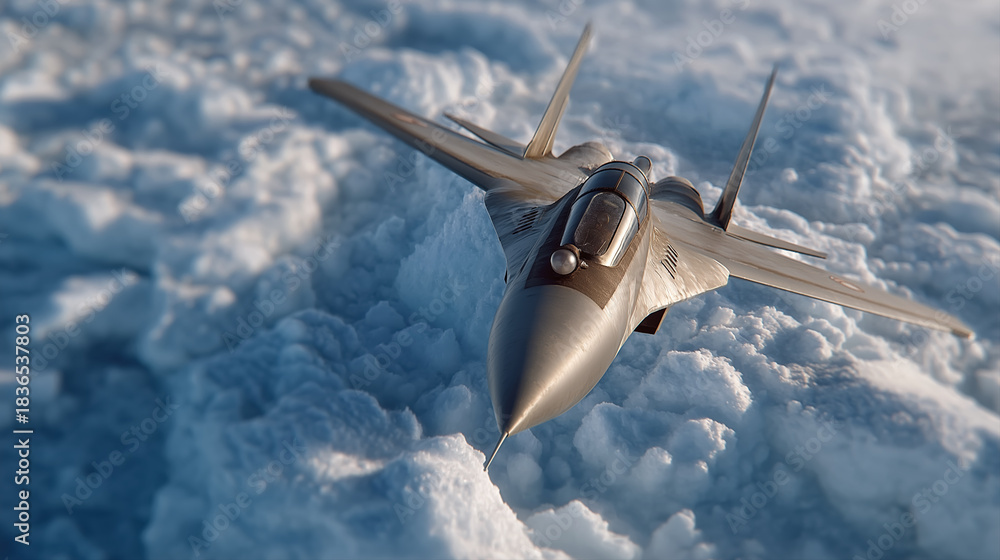 Obraz premium Military jet airplane flying above dramatic clouds high speed aviation technology and air force defense concept