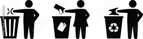 Three Icons of People Disposing of Trash and Waste Correctly disposal person