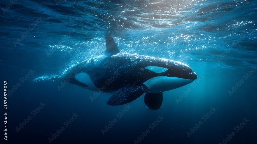 Obraz premium Majestic Orca swimming gracefully underwater, illuminated by sun rays filtering through the deep blue ocean, showcasing its powerful form in a cinematic lighting style, 4k detail.