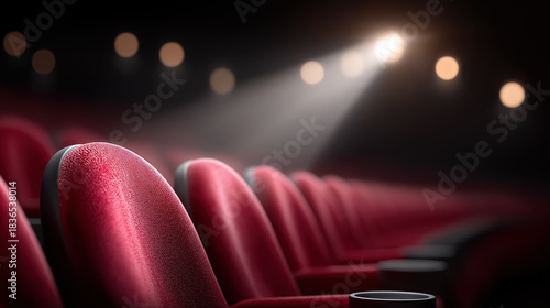 Empty red theater seats with spotlight on dark stage cinema entertainment and live performance event background