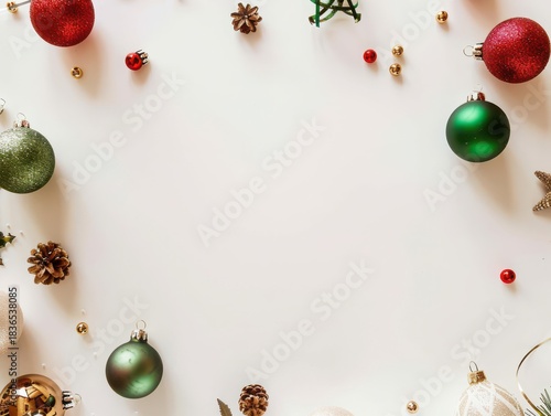 Red and Green Christmas Frame with Holiday Baubles