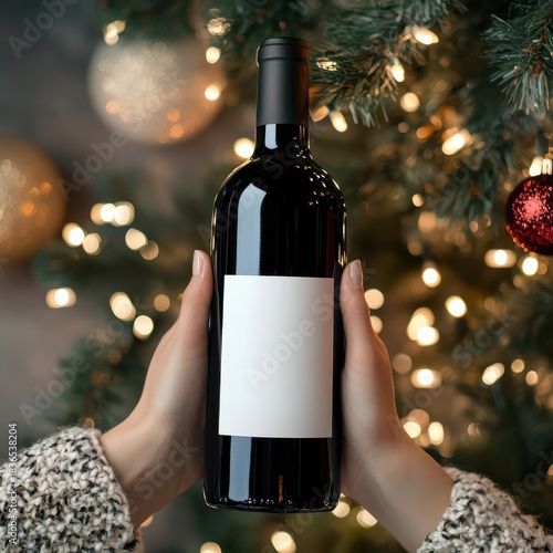 Christmas Red Wine Bottle Label Mockup with Festive Tree Lights