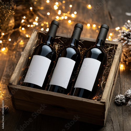 Red Wine Bottle Set Mockup with Blank Labels in Festive Setting
