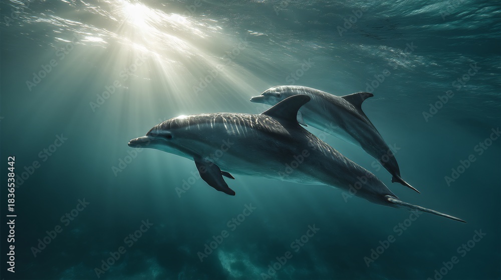 Fototapeta premium Conceptual image of two graceful dolphins swimming underwater with stunning sun rays piercing through the clear blue ocean, showcasing marine life in natural light with cinematic details.