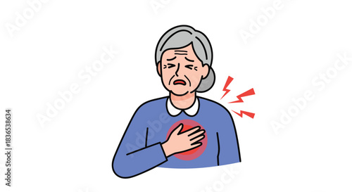 Elderly woman holding her chest in pain, with red lightning bolts indicating discomfort.