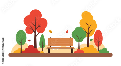 Autumnal park scene with a wooden bench surrounded by colorful trees and fallen leaves.