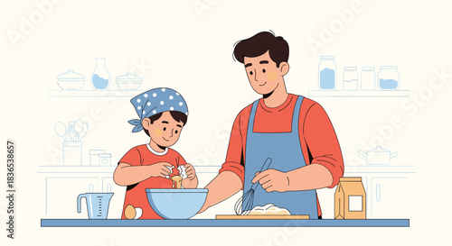 Father and child baking together in a bright kitchen, cracking eggs and whisking ingredients.