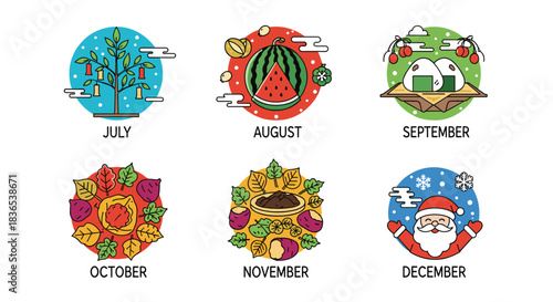 Calendar illustrations depicting seasonal celebrations and harvests from July to December.