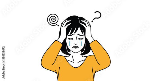 A distressed woman clutches her head in despair, with question marks and swirling symbols indicating confusion and distress.