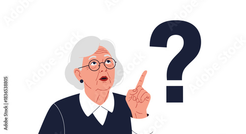 Elderly woman with glasses pointing her finger up next to a large question mark, confused.