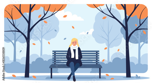 A woman sits alone on a park bench surrounded by autumn trees and falling leaves.