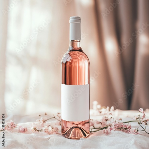 Wedding day wine bottle mockup with blank label and romantic flower background.