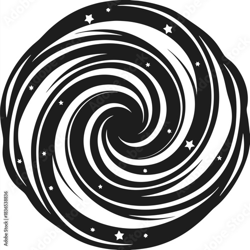 A stark monochromatic vortex swirls, embracing cosmic stars and conveying captivating depth effectively