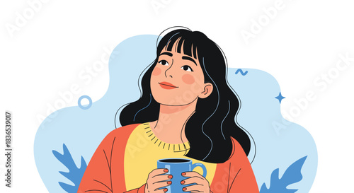 Young woman with dark hair holding a blue mug and looking up with a thoughtful expression.