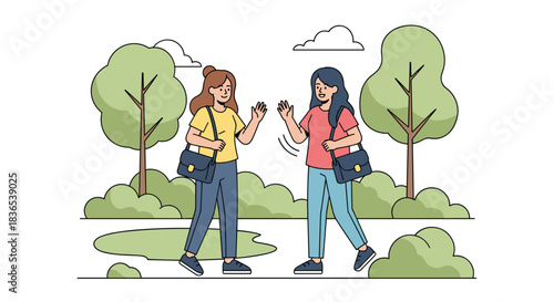 Two young women greeting each other with a high five while walking in a park with trees and clouds;.