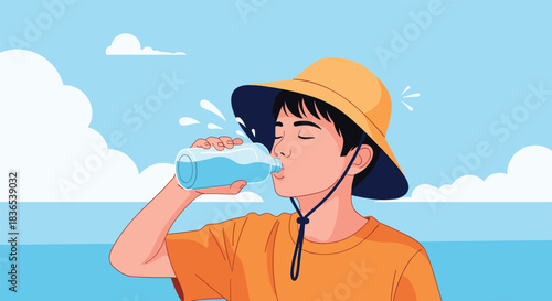 A young person in a sun hat drinks water from a bottle outdoors on a sunny day.
