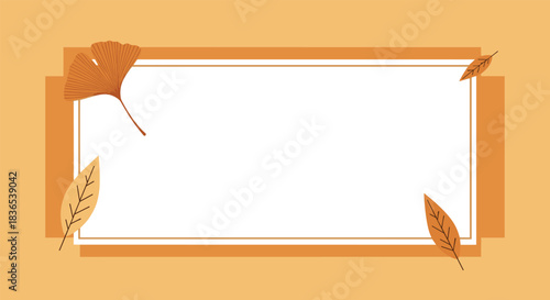 Autumnal border design with ginkgo and other fallen leaves on a muted orange background.