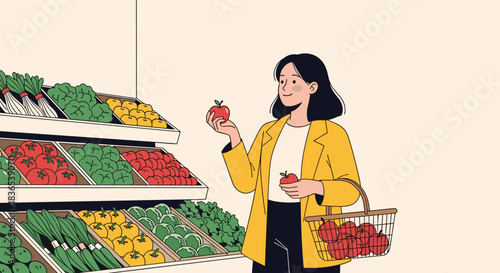 Woman in a yellow jacket shopping for apples at a grocery store produce aisle.