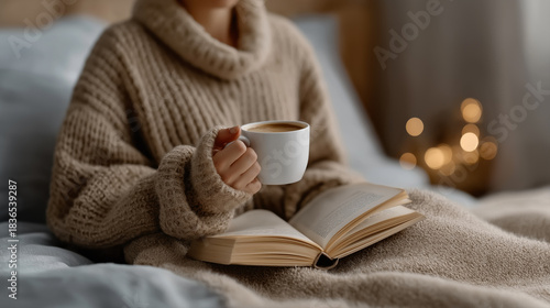 Woman in cozy sweater reading book with coffee in bed relaxing slow living home lifestyle