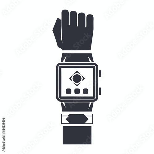 Isolated wrist with the squared gadget on, raised fist silhouette is displayed
