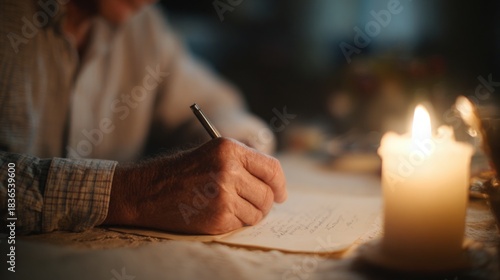 Person's hand holding a pen and writing on a piece of paper. the person is sitting at a table with a lit candle on the right side of the image.