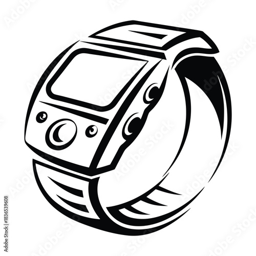 The bold black wristwatch features a sleek, modern design with sharp lines and curves
