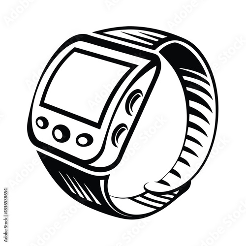 Isolated smartwatch shows screen buttons and band in bold monochrome outline style