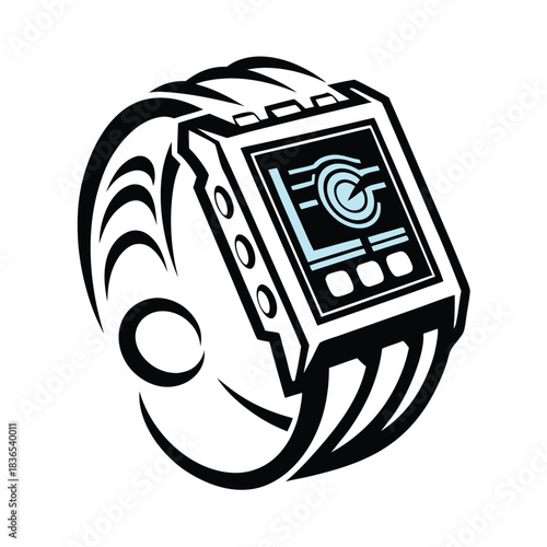 Stylized black and white digital wristwatch displays modern interface on curved wrist ornament