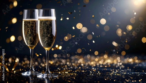 Stunning pair of bubbly champagne flutes sparkle with golden confetti celebrating a glamorous holiday event or success